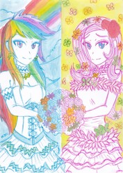 Size: 2468x3484 | Tagged: safe, artist:deeemperor, fluttershy, rainbow dash, human, g4, clothes, dress, duo, flower, high res, humanized, looking at you, traditional art, wedding dress