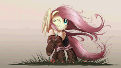 Size: 1000x563 | Tagged: safe, artist:ncmares, artist:rawrexe, fluttershy, pegasus, pony, g4, animated, clothes, female, gif, grin, hoof boots, jacket, mare, one eye closed, smiling, solo, wind, windswept mane