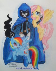 Size: 800x1007 | Tagged: safe, artist:enock, fluttershy, rainbow dash, g4, crossover, photo, raven (dc comics), teen titans, traditional art