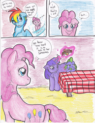 Size: 2552x3300 | Tagged: safe, artist:tristanjsolarez, pinkie pie, rainbow dash, spike, twilight sparkle, dragon, earth pony, pegasus, pony, unicorn, comic:trans ponies, g4, butt, comic, cookie, female, food, magic, male, mare, pink background, plot, rainbow blitz, rule 63, ship:twinkie, simple background, stallion, transgender, unicorn twilight