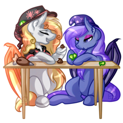 Size: 4000x4000 | Tagged: safe, artist:amazing-artsong, oc, oc only, oc:hollow courne, oc:torpid astrum, bat pony, pony, candy, cute, eating, food, hat, simple background, sitting, sleepy, smiling, transparent background