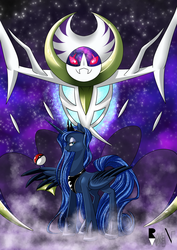 Size: 1013x1433 | Tagged: safe, artist:allocen, princess luna, alicorn, lunala, pony, g4, colored wings, colored wingtips, crossover, eyeshadow, fangs, female, fog, lidded eyes, looking at you, makeup, mare, poké ball, pokémon, pokémon sun and moon, smiling, smirk, spread wings, stars