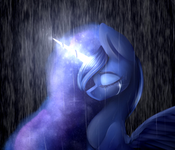 Size: 3500x3000 | Tagged: safe, artist:sleepicookie, princess luna, g4, eyes closed, female, glowing horn, high res, horn, rain, solo, wet