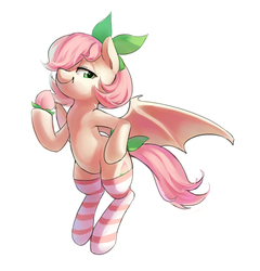 Size: 1150x1200 | Tagged: safe, artist:luciferamon, oc, oc only, bat pony, pony, clothes, food, herbivore, peach, simple background, socks, solo, striped socks, white background