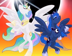 Size: 800x619 | Tagged: safe, artist:imaga3, princess celestia, princess luna, alicorn, pony, g4, dancing, eclipse, rearing, solar eclipse, spread wings