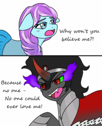 Size: 979x1205 | Tagged: safe, artist:jolliapplegirl, king sombra, sapphire joy, g4, amber leaf, cloak, clothes, comic, crying, curved horn, dark magic, dialogue, fangs, floppy ears, horn, magic, once upon a time, shipping, sombra eyes, sombrajoy