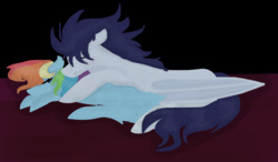 Size: 1023x597 | Tagged: safe, artist:gallop-free, rainbow dash, soarin', pony, g4, male, ship:soarindash, shipping, snuggling, straight