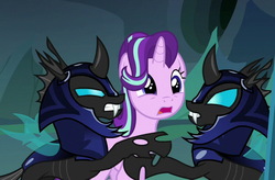 Size: 681x446 | Tagged: safe, screencap, starlight glimmer, changeling, pony, unicorn, g4, to where and back again, armor, changeling guard, cropped