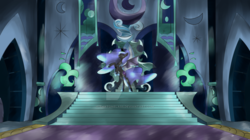 Size: 1024x573 | Tagged: safe, artist:thatonelass, nightmare moon, g4, castle of the royal pony sisters, eyes closed, female, rearing, solo, spread wings, throne, watermark
