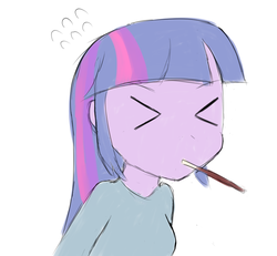 Size: 1102x1019 | Tagged: safe, artist:p-skink, twilight sparkle, equestria girls, g4, ><, colored sketch, cute, eyes closed, female, food, mouth hold, pocky, pocky game, simple background, solo, twiabetes, white background
