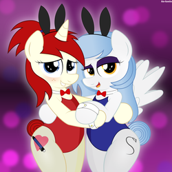 Size: 5000x5000 | Tagged: safe, artist:an-tonio, oc, oc only, oc:silver draw, oc:vector cloud, pony, unicorn, absurd resolution, bedroom eyes, bipedal, blue leotard, bunny ears, bunny suit, clothes, cuffs (clothes), hind legs, legs together, leotard, looking at you, playcolt, red leotard