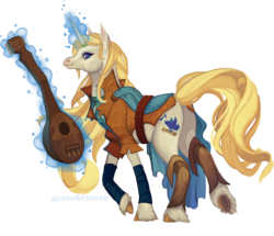 Size: 2204x1898 | Tagged: safe, artist:sitaart, oc, oc only, oc:blue haze, pony, saddle arabian, unicorn, ponyfinder, bard, blonde, blonde hair, blonde mane, blue eyes, clothes, dungeons and dragons, fantasy class, female, horn, horn ring, lute, mare, musical instrument, pathfinder, pen and paper rpg, rpg, simple background, solo, transparent background, unshorn fetlocks, white fur