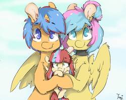 Size: 1944x1536 | Tagged: safe, artist:tamyarts, oc, oc only, pegasus, pony, unicorn, choker, cute, family, female, filly, fluffy, freckles, grin, hug, looking at you, male, mare, oc x oc, offspring, parents:oc x oc, shipping, smiling, stallion, straight, wing fluff, winghug