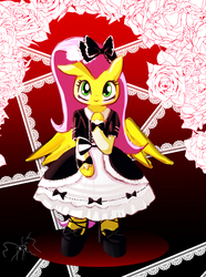Size: 1200x1614 | Tagged: safe, artist:phoenixperegrine, fluttershy, pony, g4, bipedal, clothes, cute, dress, female, gothic lolita, lolita fashion, looking at you, shyabetes, solo