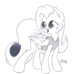 Size: 600x600 | Tagged: safe, artist:malwinters, fluttershy, buckball season, g4, bottomless, buckball, buckball uniform, clothes, female, monochrome, open mouth, partial nudity, prehensile tail, simple background, smiling, solo, white background