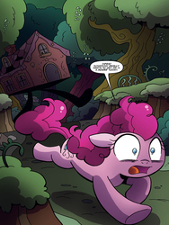 Size: 720x960 | Tagged: safe, artist:agnesgarbowska, idw, official comic, housey, pinkie pie, earth pony, pony, g4, spoiler:comic, spoiler:comicff34, baba yaga, female, forest, mare, preview, running away, scared