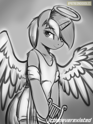 Size: 600x800 | Tagged: safe, artist:jcosneverexisted, lyra heartstrings, angel, pony, unicorn, g4, bipedal, clothes, costume, female, grayscale, halo, looking at you, monochrome, solo
