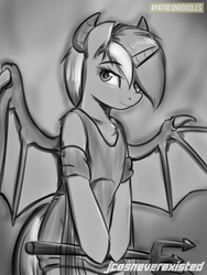 Size: 600x800 | Tagged: safe, artist:jcosneverexisted, lyra heartstrings, devil, pony, unicorn, g4, bipedal, clothes, costume, female, grayscale, looking at you, monochrome, solo