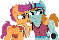 Size: 1001x673 | Tagged: safe, artist:dbkit, scootaloo, snips, pegasus, pony, unicorn, g4, clothes, duo, female, helmet, hug, jacket, male, ship:scootasnips, shipping, simple background, straight, transparent background