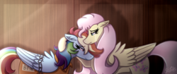 Size: 3000x1265 | Tagged: safe, artist:monnarcha, fluttershy, rainbow dash, pegasus, pony, g4, b-f16, clothes, comforting, crying, female, floppy ears, lesbian, mare, prison outfit, prisoner rd, sad, ship:flutterdash, shipping, signature