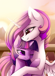 Size: 1600x2200 | Tagged: safe, artist:magnaluna, princess celestia, twilight sparkle, alicorn, pony, g4, art trade, cuddling, cute, female, hug, lesbian, mare, one eye closed, ship:twilestia, shipping, smiling, snuggling, twilight sparkle (alicorn)