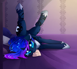 Size: 2100x1877 | Tagged: safe, artist:magnaluna, princess luna, alicorn, pony, g4, bed, behaving like a cat, bellyrub request, bellyrubs, bronybait, chest fluff, constellation, curved horn, cute, ear fluff, female, flexible, floppy ears, fluffy, galaxy mane, horn, imminent belly rub, leg fluff, legs in air, looking at you, lunabetes, makeup, missing accessory, mouth hold, note, on back, solo, wingding eyes