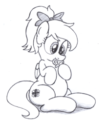 Size: 2100x2400 | Tagged: safe, artist:an-tonio, oc, oc only, oc:kyrie, pony, aryan, aryan pony, belly, big belly, blonde, bow, chubby, commission, cute, eating, fat, food, grayscale, hair bow, high res, iron cross, luftwaffe, monochrome, nazipone, nom, plump, pretzel, request, simple background, sitting, solo, weapons-grade cute, weight gain, white background