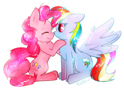 Size: 1404x1001 | Tagged: safe, artist:vailetofficial, pinkie pie, rainbow dash, g4, boop, cute, eyes closed, female, lesbian, nose wrinkle, noseboop, nuzzling, ship:pinkiedash, shipping, simple background, spread wings, transparent background, wingboner