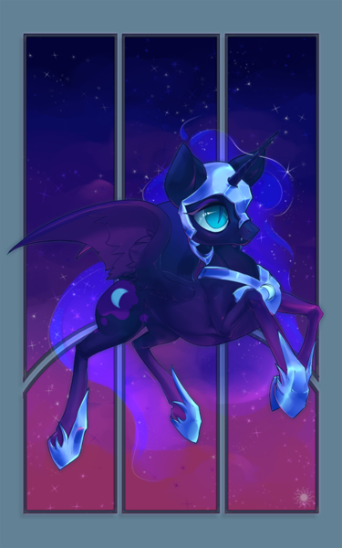 Size: 563x900 | Tagged: safe, artist:honeyapplecake, artist:silversun-pony, nightmare moon, alicorn, pony, g4, concave belly, ethereal mane, ethereal tail, featured image, female, flying, helmet, hoof shoes, mare, peytral, princess shoes, skinny, solo, starry mane, stars, sternocleidomastoid, tail, tall, thin, twilight (astronomy)