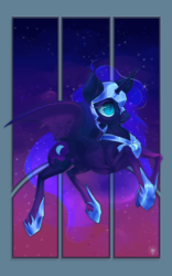 Size: 563x900 | Tagged: safe, artist:honeyapplecake, artist:silversun-pony, nightmare moon, alicorn, pony, g4, concave belly, cute, duckery in the comments, ethereal mane, ethereal tail, fangs, featured image, female, flying, graveyard of comments, helmet, hoof shoes, mare, moonabetes, peytral, princess shoes, rainbow, skinny, solo, starry mane, stars, sternocleidomastoid, tail, tall, thin, twilight (astronomy)