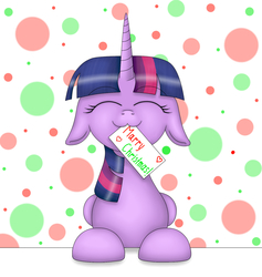 Size: 1510x1590 | Tagged: safe, artist:margo24, twilight sparkle, alicorn, pony, g4, :3, christmas, cute, eyes closed, female, floppy ears, leaning, misspelling, mouth hold, nom, solo, twiabetes, twilight sparkle (alicorn)