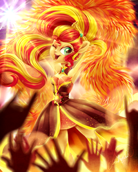 Size: 900x1125 | Tagged: safe, artist:jadedjynx, sunset shimmer, equestria girls, g4, my little pony equestria girls: rainbow rocks, my past is not today, armpits, audience, cleavage, clothes, commission, concert, crepuscular rays, dress, female, fiery shimmer, hand, open mouth, ponied up, signature, sleeveless, solo, strapless, sunset phoenix