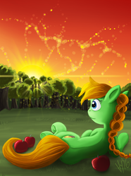 Size: 873x1175 | Tagged: safe, artist:jphyperx, oc, oc only, oc:appleseed, earth pony, pony, apple, food, solo, sunset