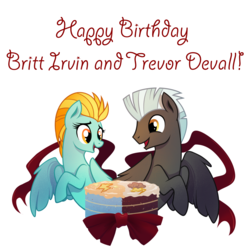 Size: 1500x1500 | Tagged: safe, artist:28gooddays, lightning dust, thunderlane, pegasus, pony, g4, birthday cake, britt irvin, cake, duo, female, food, happy birthday, male, mare, stallion, trevor devall, voice actor joke