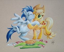 Size: 800x650 | Tagged: safe, artist:zene, applejack, soarin', pony, bronycon 2016, g4, cheek kiss, commission, food, kissing, male, pie, present, ship:soarinjack, shipping, straight, that pony sure does love pies