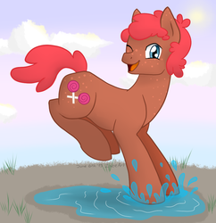 Size: 897x925 | Tagged: safe, artist:vampiresuper-sayajin, oc, oc only, oc:candy crossroads, pony, freckles, open mouth, puddle, solo, splashing