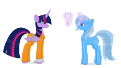 Size: 2616x1481 | Tagged: safe, artist:sisirr, trixie, twilight sparkle, alicorn, pony, unicorn, g4, bound wings, chains, clothes, cuffs, frown, jumpsuit, key, levitation, magic, prison outfit, prisoner, prisoner ts, shackles, simple background, smiling, telekinesis, twilight sparkle (alicorn), white background