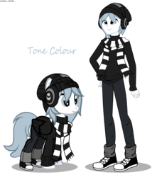 Size: 4718x5342 | Tagged: safe, artist:asika-aida, oc, oc only, oc:tone colour, pegasus, pony, equestria girls, g4, absurd resolution, beanie, clothes, commission, converse, equestria girls-ified, hat, headphones, monochrome, pants, partial color, scarf, shoes, simple background, smiling, sneakers, transparent background