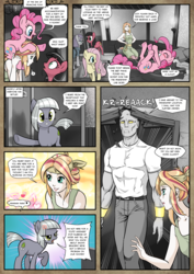 Size: 1363x1920 | Tagged: safe, artist:pencils, fluttershy, limestone pie, maud pie, pinkie pie, oc, oc:anon, oc:macdolia, oc:mascara maroon, earth pony, human, pegasus, pony, satyr, comic:anon's pie adventure, g4, bed, blanket, blushing, bracer, candle, clothes, comic, cross-popping veins, dialogue, dock, dress, female, headband, human male, implied sex, ipotane, lord of the rings, male, mare, mind control, monochrome, movie reference, on back, pants, partial color, piggyback ride, pillow, property damage, shirt, shocked, smiling, speech bubble, the hobbit, underhoof, yelling