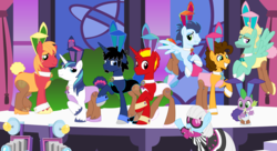 Size: 11000x6000 | Tagged: safe, artist:evilfrenzy, big macintosh, cheese sandwich, photo finish, shining armor, soarin', spike, zephyr breeze, oc, oc:frenzy, dragon, earth pony, pony, unicorn, g4, absurd resolution, bunny ears, bunny suit, clothes, crossdressing, female, male, mare, stallion