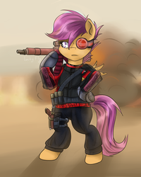 Size: 2000x2500 | Tagged: safe, artist:redheadfly, scootaloo, pony, g4, bipedal, clothes, cosplay, costume, deadshot, explosion, female, high res, solo, suicide squad, weapon