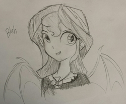 Size: 1265x1043 | Tagged: safe, artist:tjpones, sunset shimmer, vampire, equestria girls, g4, bat wings, bleh, bust, dialogue, female, grayscale, monochrome, open mouth, portrait, solo, spread wings, traditional art