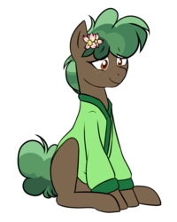 Size: 932x1164 | Tagged: safe, artist:caballerial, oc, oc only, oc:tree, earth pony, pony, pony town, ask, cardigan, flower, freckles, simple background, sitting, solo, transparent background, tumblr