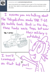 Size: 538x776 | Tagged: safe, artist:adorkabletwilightandfriends, spike, dragon, ask adorkable twilight, ask adorkable twilight and friends, g4, adorkable friends, male, military, monochrome, solo, t-34, t-34/85, tank (vehicle), yakyakistan
