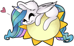 Size: 7876x4894 | Tagged: safe, artist:cutepencilcase, princess celestia, pony, g4, absurd resolution, cute, cutelestia, ear fluff, eyes closed, female, fluffy, heart, hug, mare, missing accessory, missing cutie mark, prone, simple background, smiling, solo, sun, tangible heavenly object, transparent background