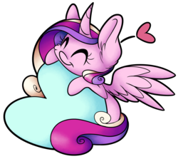 Size: 6355x5665 | Tagged: safe, artist:cutepencilcase, princess cadance, g4, absurd resolution, cute, cutedance, eyes closed, female, fluffy, heart, heart pillow, hug, missing accessory, pillow, simple background, smiling, solo, spread wings, transparent background