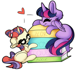 Size: 3928x3648 | Tagged: safe, artist:cutepencilcase, moondancer, twilight sparkle, alicorn, pony, unicorn, g4, adorkable, book, bookhorse, cute, dancerbetes, dork, duo, eyes closed, female, floppy ears, fluffy, heart, high res, hug, mare, missing cutie mark, simple background, sitting, smiling, that pony sure does love books, transparent background, twiabetes, twilight sparkle (alicorn)