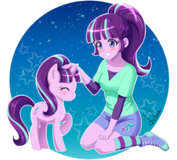 Size: 1024x931 | Tagged: safe, artist:karis-coba, starlight glimmer, human, pony, equestria girls, g4, blushing, clothes, converse, cute, equestria girls-ified, eyes closed, glimmerbetes, grin, human ponidox, kneeling, petting, ponytail, raised hoof, self ponidox, shirt, shoes, simple background, sitting, skirt, smiling, sneakers, socks, sparkles, stars, striped socks, transparent background