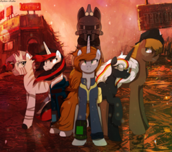 Size: 3511x3104 | Tagged: safe, artist:asika-aida, oc, oc only, oc:blackjack, oc:calamity, oc:littlepip, oc:steelhooves, oc:velvet remedy, oc:xenith, earth pony, pegasus, pony, unicorn, zebra, fallout equestria, fallout equestria: project horizons, applejack's rangers, armor, clothes, cowboy hat, dashite, fanfic, fanfic art, female, fluttershy medical saddlebag, group, gun, hat, high res, hooves, horn, jumpsuit, looking at you, male, mare, medical saddlebag, pipbuck, power armor, powered exoskeleton, ruins, saddle bag, scenery, stallion, steel ranger, teeth, text, vault suit, wasteland, weapon, wings
