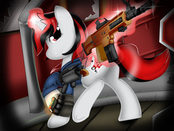 Size: 8000x6000 | Tagged: safe, artist:handmantoot, oc, oc only, oc:blackjack, pony, unicorn, fallout equestria, fallout equestria: project horizons, absurd resolution, armor, assault rifle, butt, clothes, fanfic, fanfic art, female, fn scar, glowing horn, gun, hooves, horn, jumpsuit, levitation, magic, mare, pipbuck, plot, print, raised hoof, scenery, security armor, solo, telekinesis, underhoof, vault security armor, vault suit, weapon